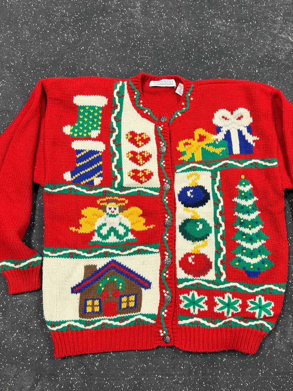 Karen Scott Red Christmas Motif Button-Up Cardigan